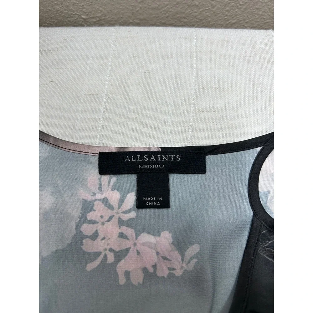AllSaints Leowa Gia Black Pink Floral Pleated Midi Romantic Moody Slip Dress M - Picture 6 of 12